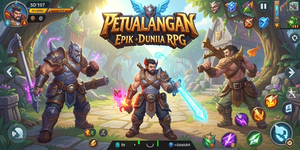Antarmuka permainan SD107 yang menarik dengan karakter dan lingkungan RPG.